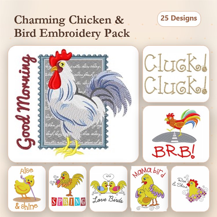 Chickens and Birds Embroidery Designs Bundle – Rooster with Good Morning, Cluck Cluck Text, Love Birds & More (25 Designs)
