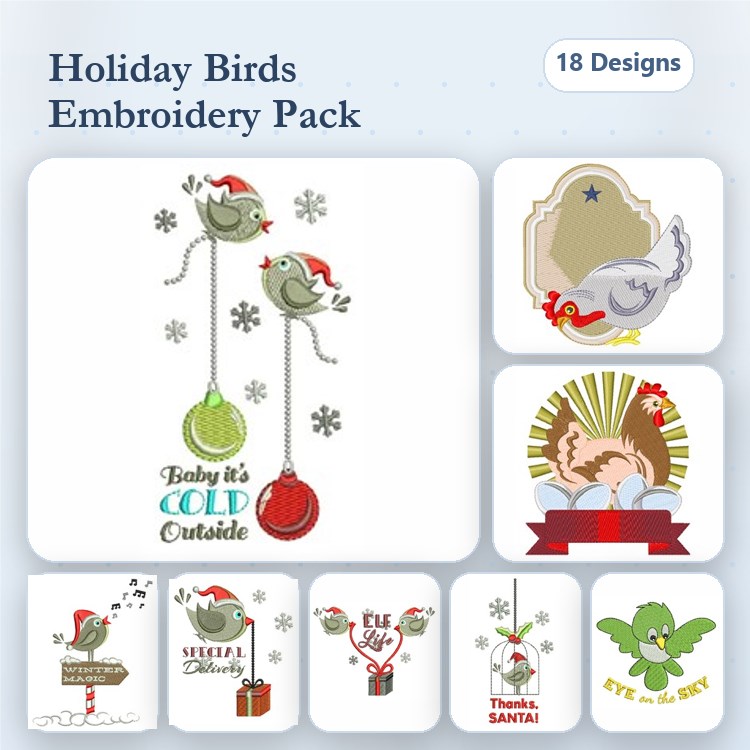 Holiday Birds Embroidery Designs Bundle – Thanksgiving Turkey, Holiday Bird with Gift, Chicken in a Frame & More (18 Designs)