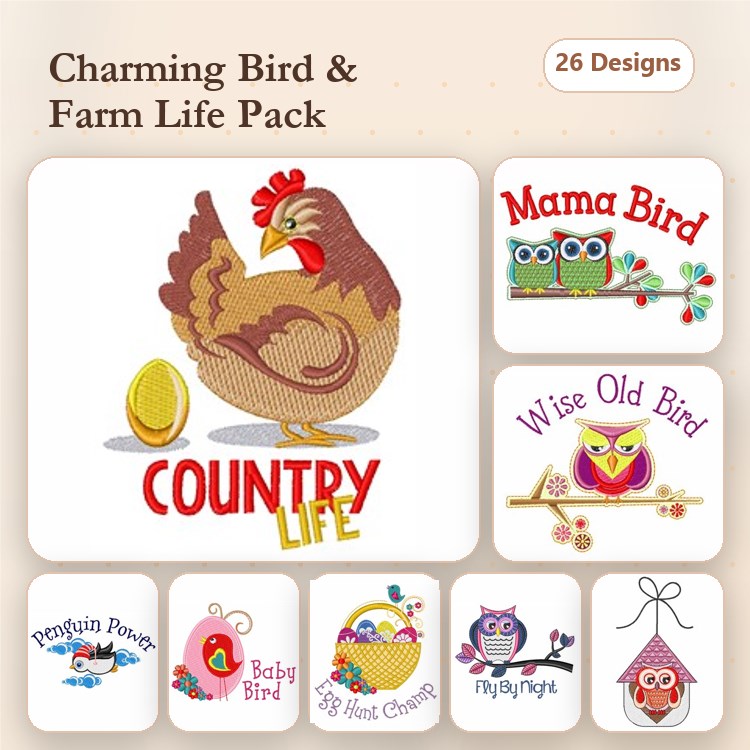 Farm Animal & Bird Embroidery Designs Bundle – Mama Bird, Wise Old Bird, Penguin Power & More (26 Designs)