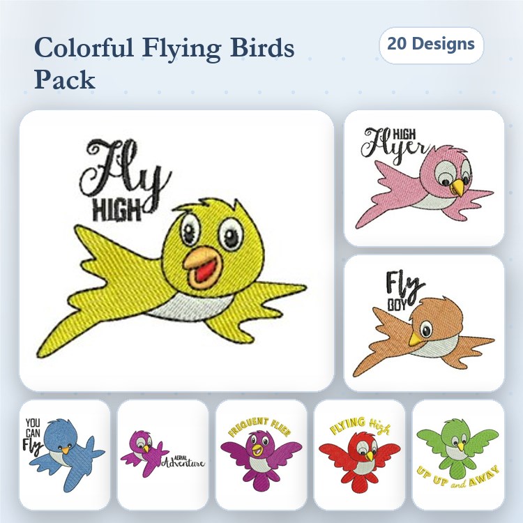 Colorful Flying Birds Embroidery Designs Bundle – Fly High Bird, High Flyer Bird, Silly Bird & More (20 Designs)