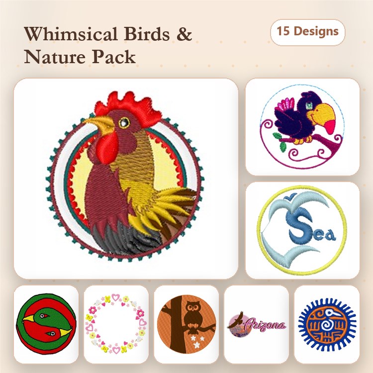 Bird & Nature Embroidery Designs Bundle – Rooster, Colorful Bird, Frog & More (15 Designs)