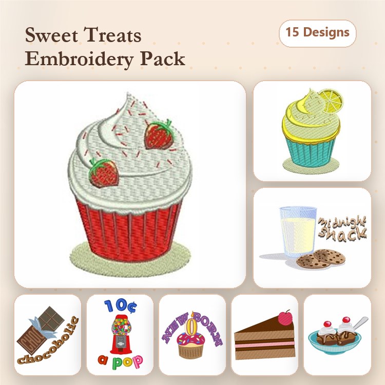 Sweet Treats Embroidery Designs Bundle – Cupcake with Strawberries, Glass of Milk with Cookies, Donut & More (15 Designs)