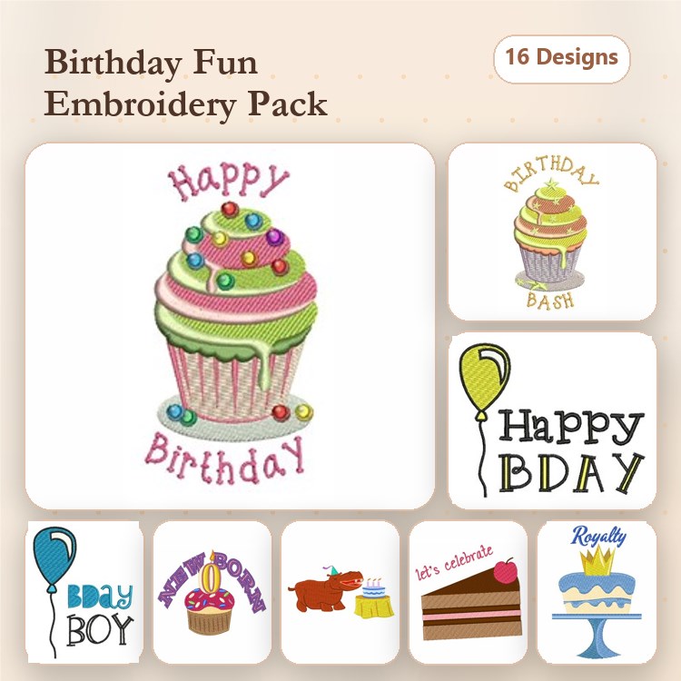 Birthday Celebrations Embroidery Designs Bundle – Birthday Cupcake, Happy Birthday, Balloon & More (16 Designs)