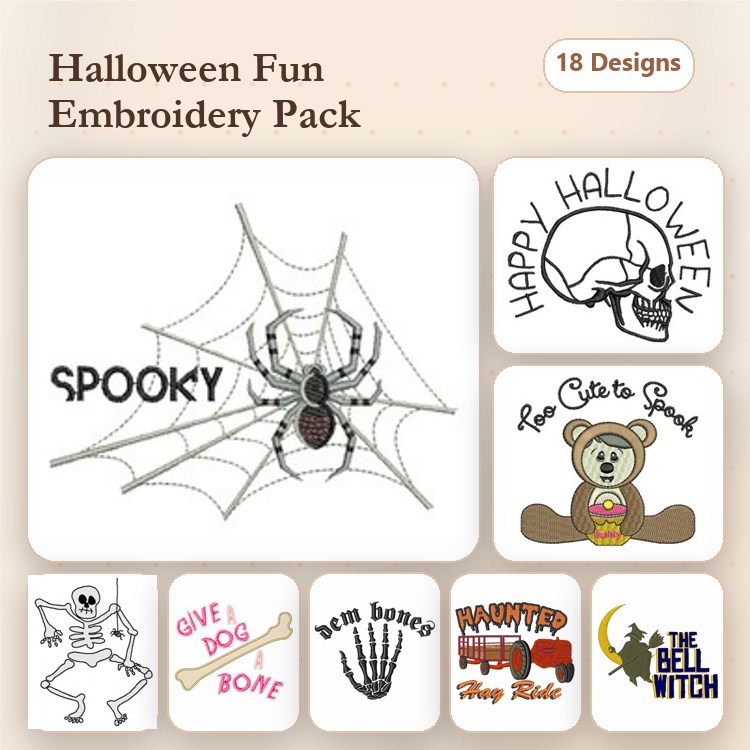 Halloween Themed Embroidery Designs Bundle – Spider Web, Happy Halloween Phrase, Too Cute to Spook Bear & More (18 Designs)