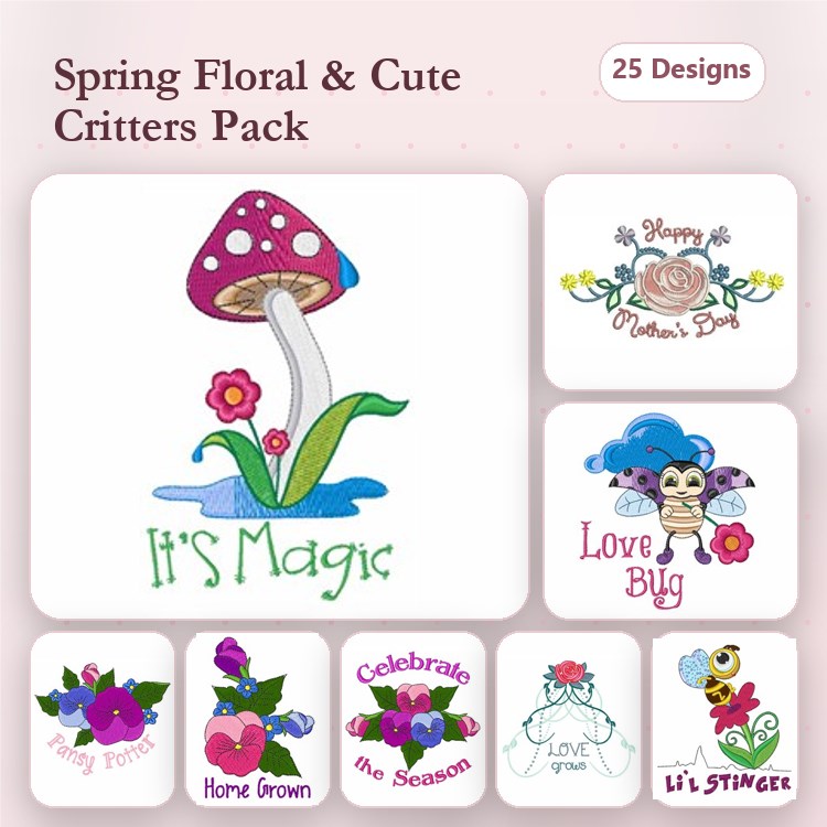 Spring Floral & Cute Critters Embroidery Designs Bundle – Mushroom with Flowers, Love Bug, Celebrate Spring & More (25 Designs)