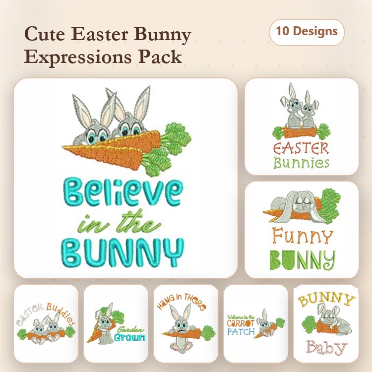 Easter Bunny Expressions Embroidery Bundle – Believe in the Bunny, Funny Bunny, Bunny with Carrot & More (10 Designs)