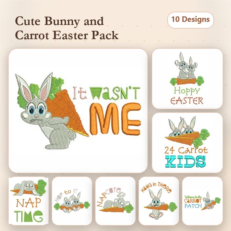Easter Bunny & Carrot Embroidery Designs Bundle – Hoppy Easter Bunny, Nap Time Bunny, Bunny with Carrot & More (10 Designs)