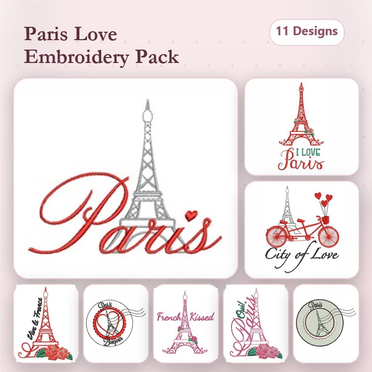 Redwork Paris-themed Love Embroidery Designs Bundle – Eiffel Tower with Heart, Bicycle with Eiffel Tower, Love Locks & More (11 Designs)