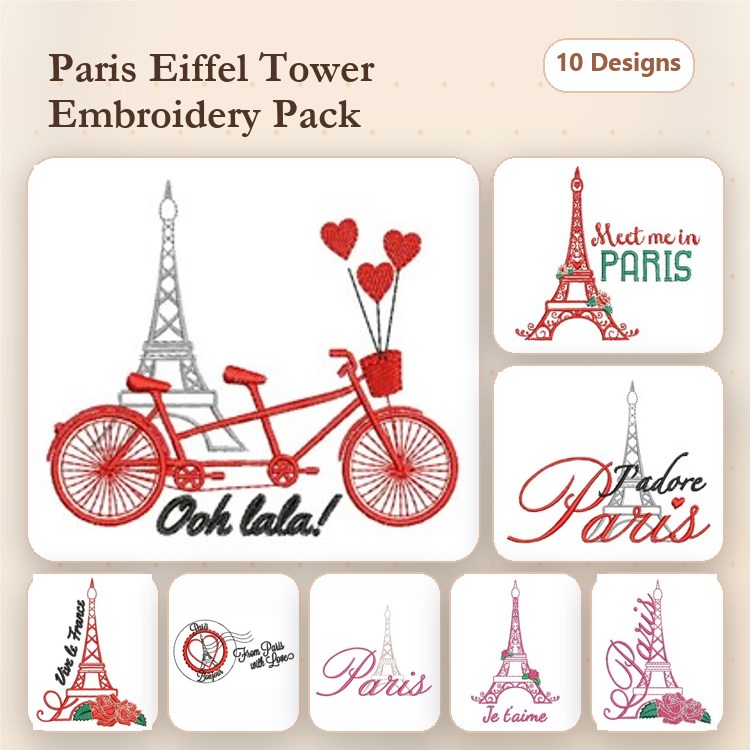 Eiffel Tower & Paris Embroidery Designs Bundle – Bicycle with Eiffel Tower, Ooh lala!, Adore Paris & More (10 Designs)