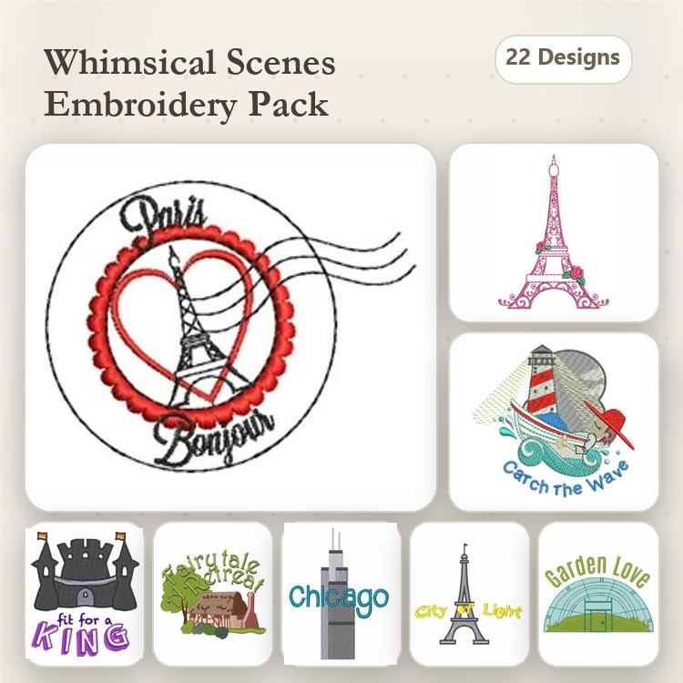 Whimsical City Scenes Embroidery Designs Bundle – Paris Eiffel Tower, Chicago Skyline, Whimsical Lighthouse & More (22 Designs)