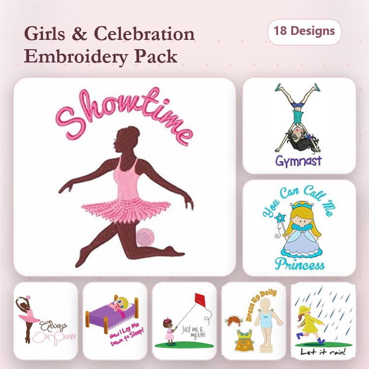 Girls Celebration Embroidery Designs Bundle – Dancing Ballerina, Gymnast, Princess & More (18 Designs)