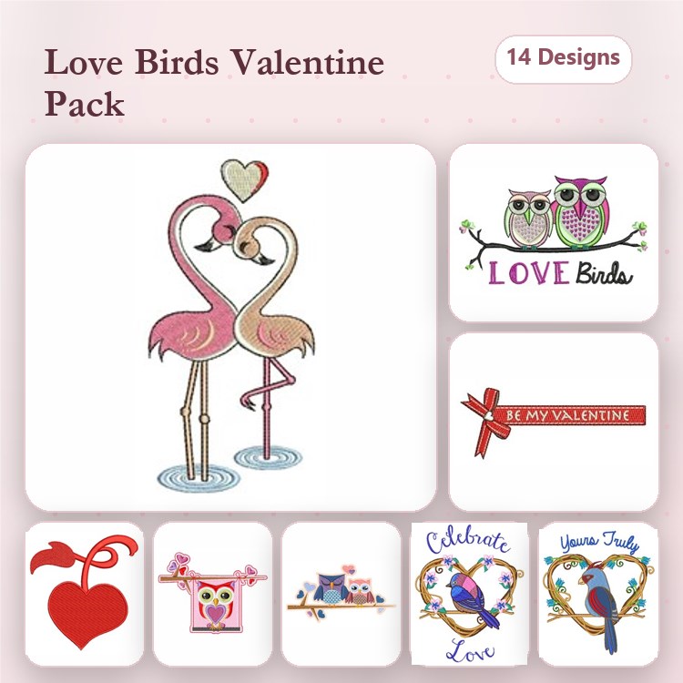 Love Birds & Valentine's Embroidery Designs Bundle – Flamingo Couple, Owl Love, Be My Valentine Banner & More (14 Designs)