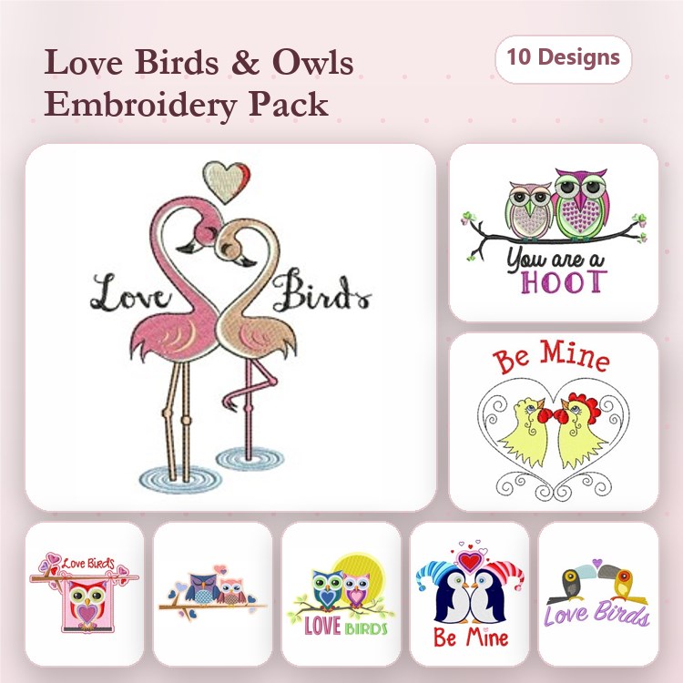 Love Birds & Owls Embroidery Designs Bundle – Owl with Glasses, Be Mine Love Birds, Colorful Love Birds & More (10 Designs)