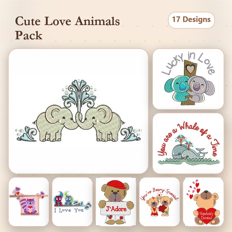 Love Animals Embroidery Bundle – Elephants in Love, Bear with Heart, Whale You Are a Whale of a Time & More (17 Designs)