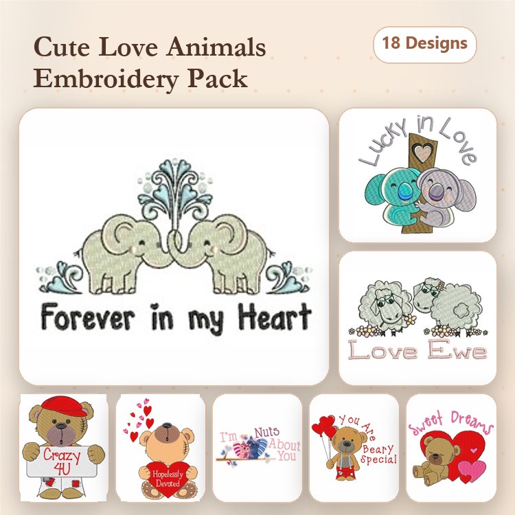 Cute Love-Themed Animals Embroidery Bundle – Kissing Elephants, Love Ewe, Sweet Dream Bear & More (18 Designs)
