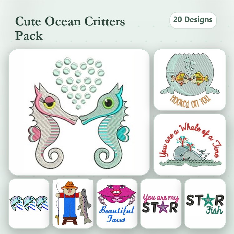 Ocean-themed Embroidery Designs Bundle – Kissing Seahorses, Goldfish, Whale with Message & More (20 Designs)