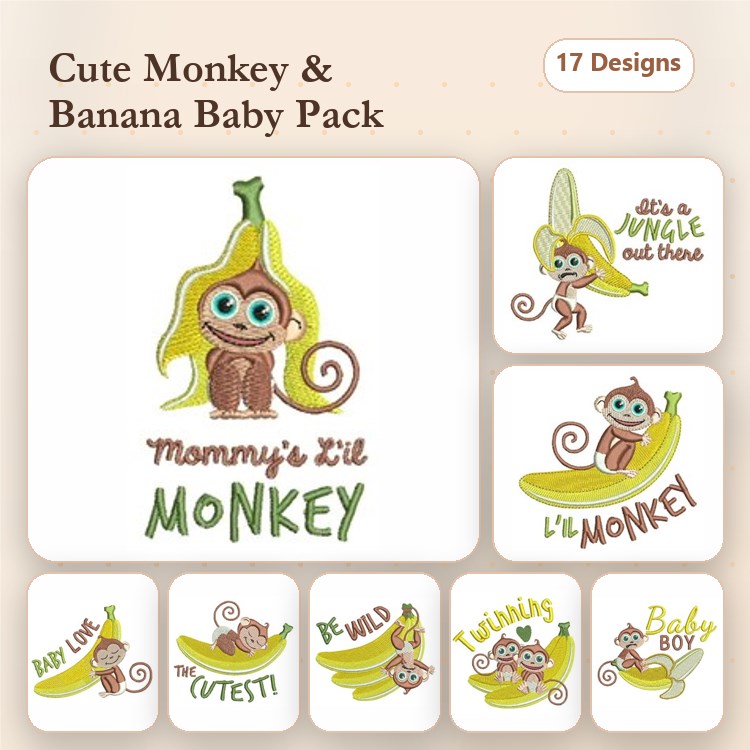 Cute Monkey & Banana Embroidery Designs Bundle – Mommy's Lil Monkey, It's a Jungle Out There, Baby Cutie & More (17 Designs)