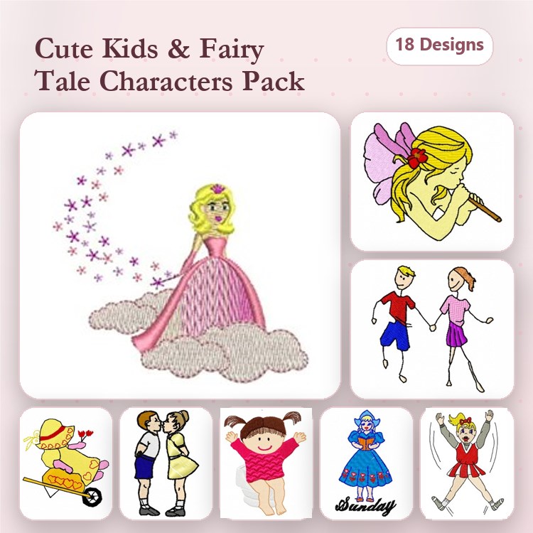 Kids & Fairy Tale Characters Embroidery Designs Bundle – Fairy Princess, Dancing Girl, Happy Girl & More (18 Designs)