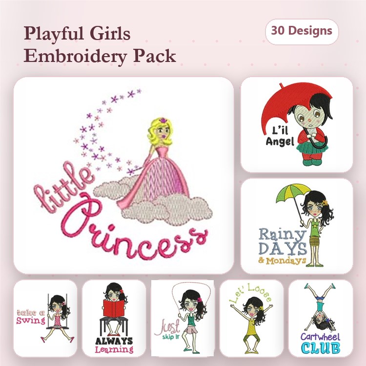 Playful Girls Embroidery Designs Bundle – Little Princess, L'il Angel, Girls on Swing & More (30 Designs)