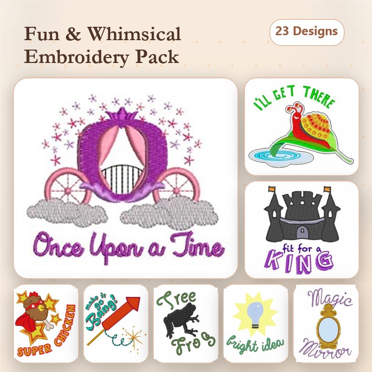 Fun & Whimsical Embroidery Designs Bundle – Once Upon a Time Carriage, I'll Get There Snail, High Idea Light Bulb & More (23 Designs)