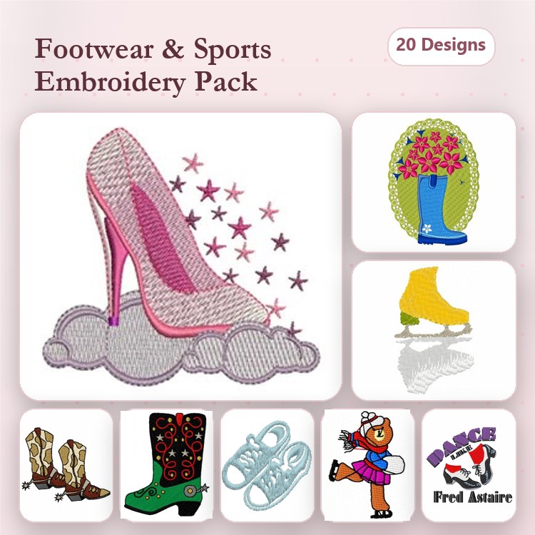 Footwear & Sports Embroidery Bundle – High Heel Shoe, Ice Skate, Baby Shoes & More (20 Designs)