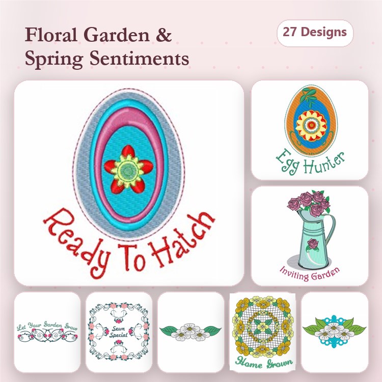 Floral & Spring Embroidery Designs Bundle – Easter Egg with Flowers, Watering Can with Flowers, Floral Wreath & More (27 Designs)