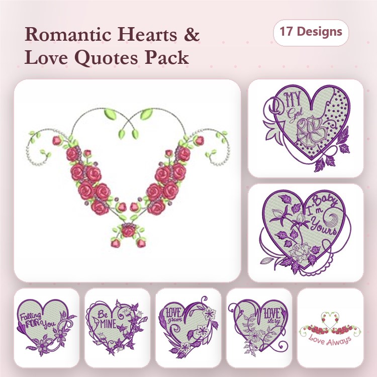 Romantic Hearts Embroidery Designs Bundle – Heart with Roses, Decorative Heart, Love Quote Heart Design 1 & More (17 Designs)