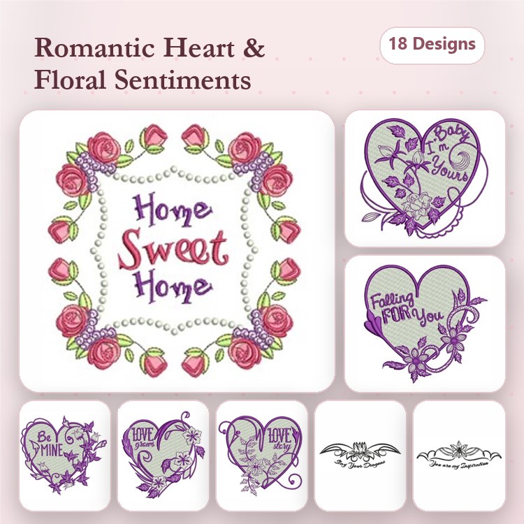 Romantic Heart & Floral Embroidery Designs Bundle – Home Sweet Home, Falling For You, Be Mine & More (18 Designs)