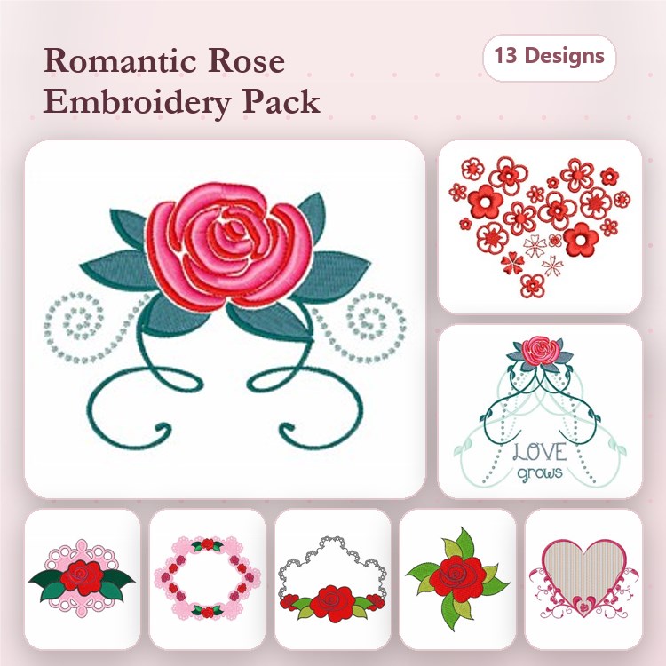 Floral Embroidery Designs Bundle – Rose Bouquet, Heart with Roses, Floral Wreath & More (13 Designs)