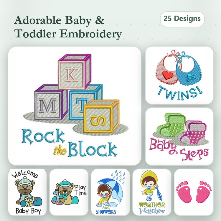 Baby & Toddler Embroidery Designs Bundle – Rock the Block, Welcome Baby Boy, Twins! & More (25 Designs)
