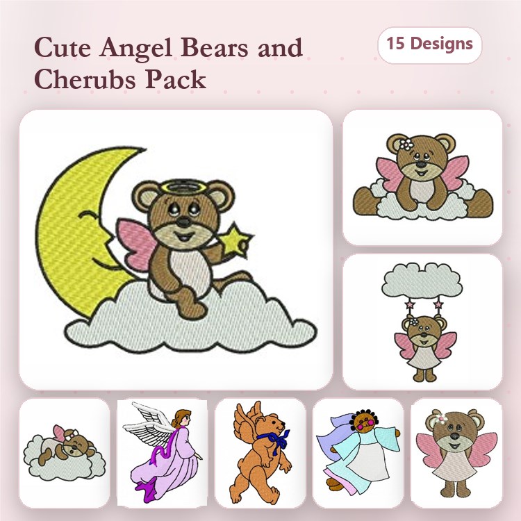 Angelic Bears & Cherubs Embroidery Designs Bundle – Bear with Star, Bear on Cloud, Cherub with Wings & More (15 Designs)