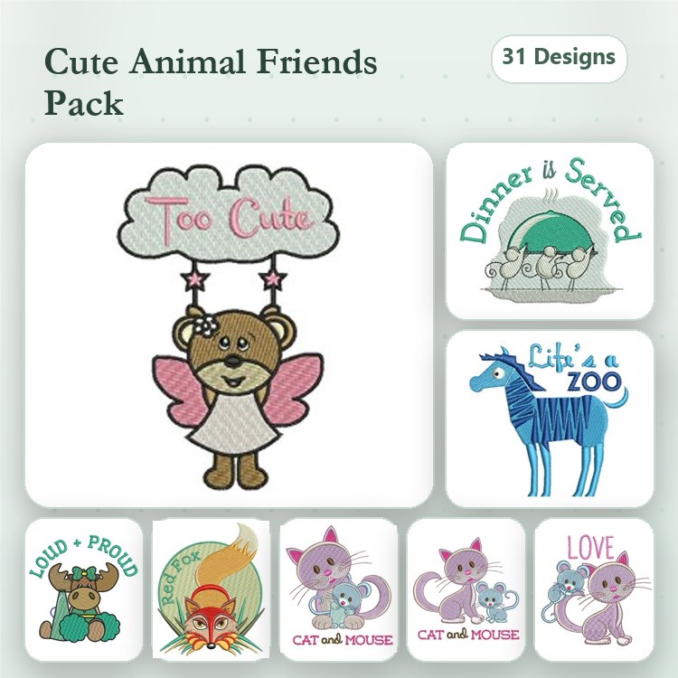 Cute Animal Embroidery Bundle – Cute Bear with Wings, Life's a Zoo, Loud and Proud & More (31 Designs)