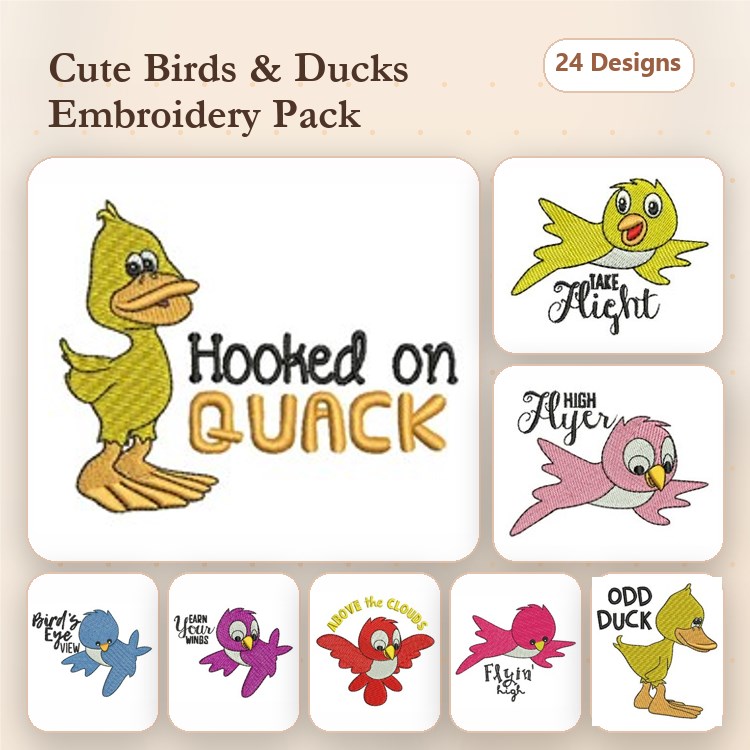 Cute Birds and Ducks Embroidery Designs Bundle – Duckling, High Flyer Bird, Happy Duck & More (24 Designs)