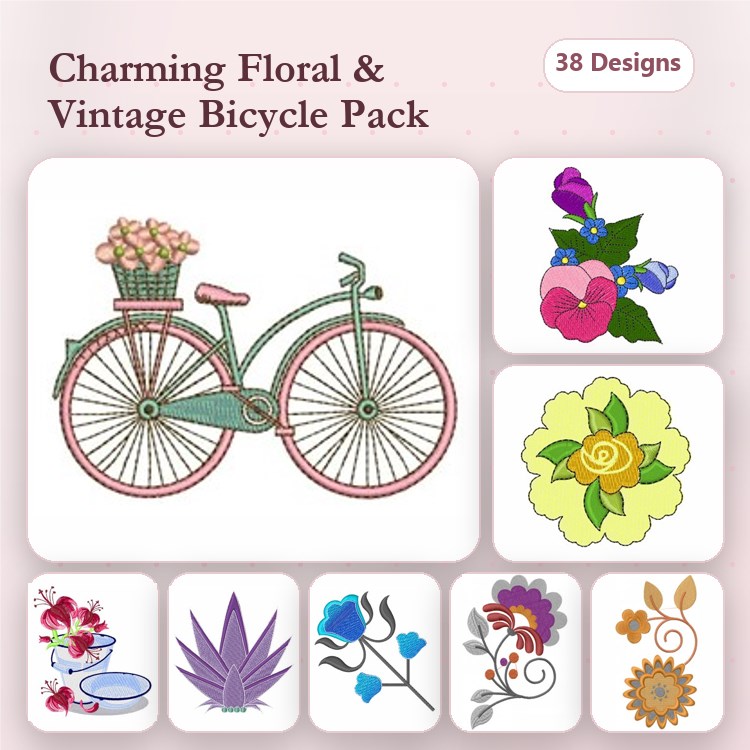 Floral and Vintage Bicycle Embroidery Designs Bundle – Vintage Bicycle with Flowers, Floral Arrangement, Purple Flower & More (38 Designs)
