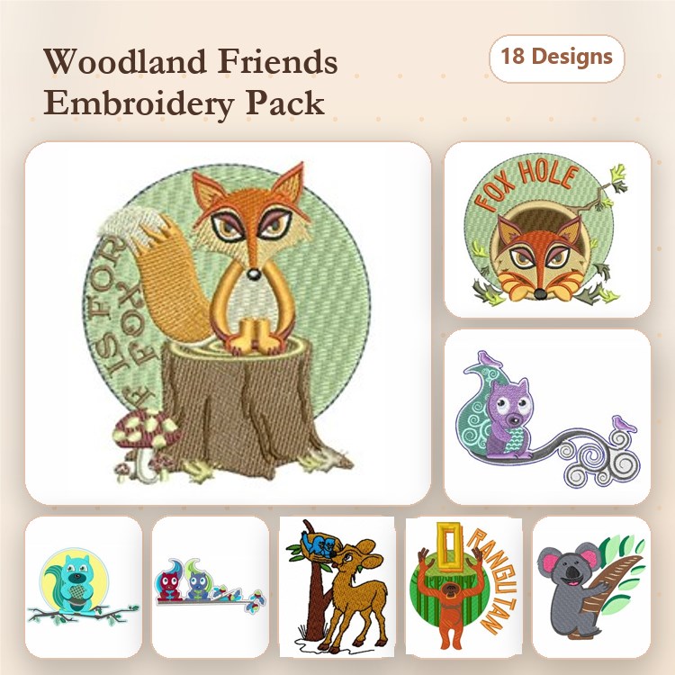 Woodland Animals Embroidery Designs Bundle – Fox on Tree Stump, Owl with Branch, Raccoon with Mask & More (18 Designs)