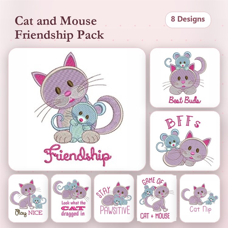 Cat and Mouse Friendship Embroidery Designs Bundle – Best Buds, BFFs, Game of Cat and Mouse & More (8 Designs)