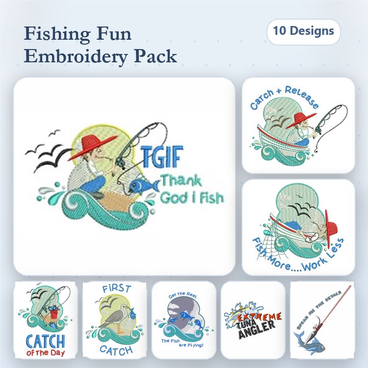 Fishing Themed Embroidery Designs Bundle – TGIF Thank God I Fish, Catch of the Day, & More (10 Designs)
