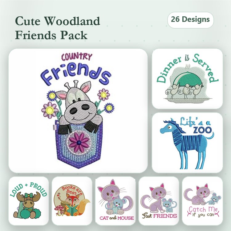 Woodland Animals Embroidery Designs Bundle – Cow in Pocket, Zebra, Loud and Proud Cat & More (26 Designs)