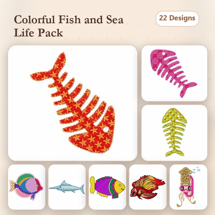 Colorful Fish & Sea Life Embroidery Designs Bundle – Fish Bone, Pink Fish, Colorful Seahorse & More (22 Designs)