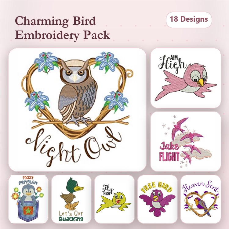 Bird-Themed Embroidery Designs Bundle – Night Owl, Colorful Parrot, Hooting Owl & More (18 Designs)