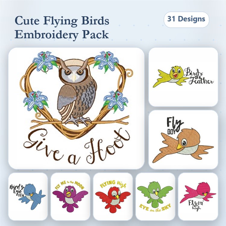 Cute Flying Birds Embroidery Bundle – Owl with Floral Frame, Baby Bird, Green Bird & More (31 Designs)