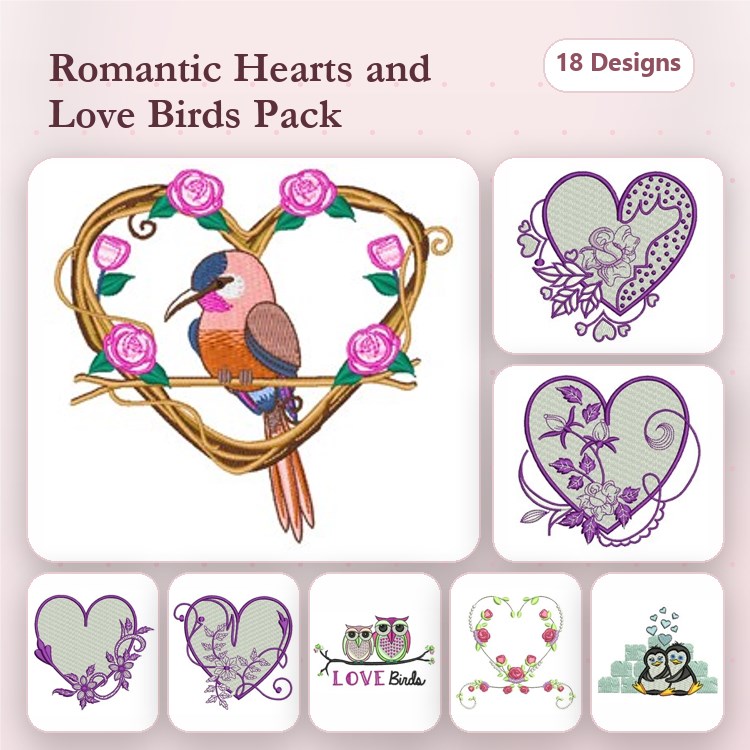 Hearts & Love Birds Embroidery Designs Bundle – Love Bird on Heart, Heart with Roses, Owl Couple & More (18 Designs)