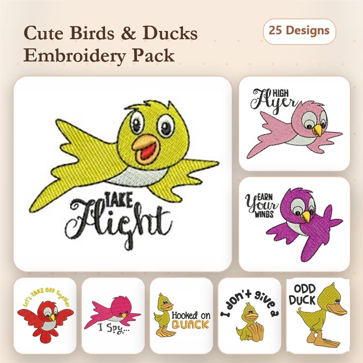 Cute Birds and Ducks Embroidery Designs Bundle – Take Flight Bird, High Flyer Bird, Odd Duck Bird & More (25 Designs)