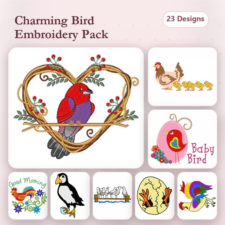 Charming Birds Embroidery Designs Bundle – Cardinal in Heart, Chick and Hen, Baby Bird & More (23 Designs)