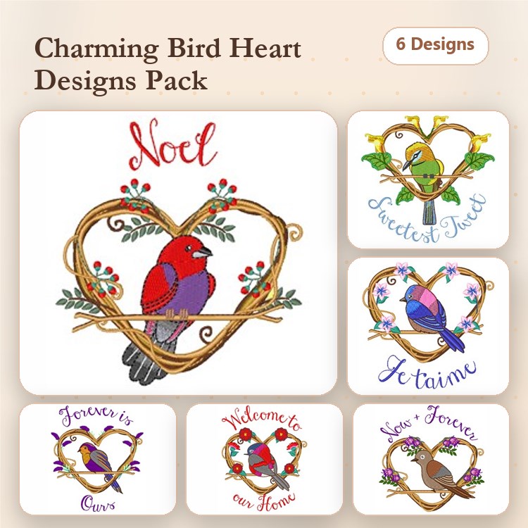 Birds in Heart Embroidery Designs Bundle – Cardinal Heart with Noel, Sweetest Tweets Heart, & More (6 Designs)