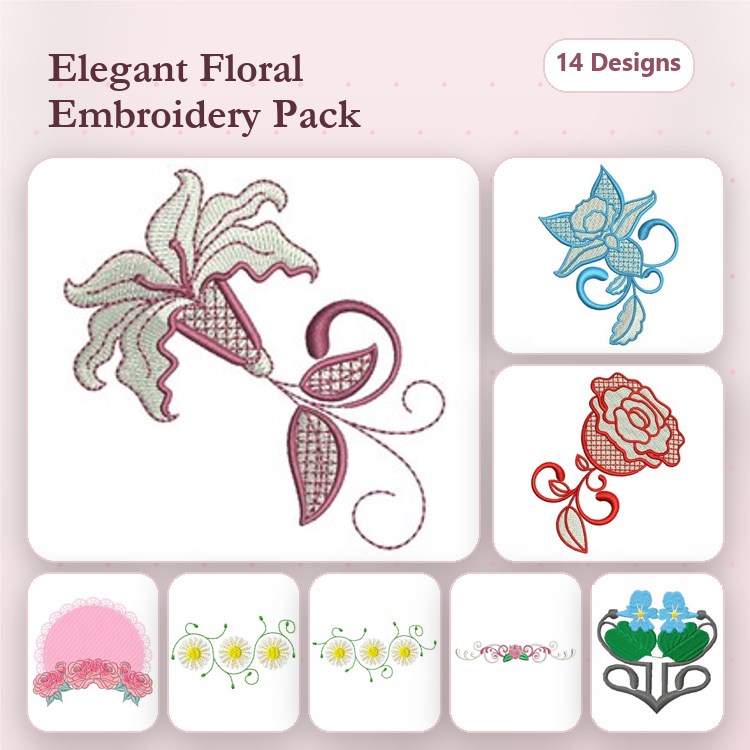 Elegant Floral Embroidery Designs Bundle – Floral Cone with Ribbon, Red Rose Design, Blue Floral Pair & More (14 Designs)