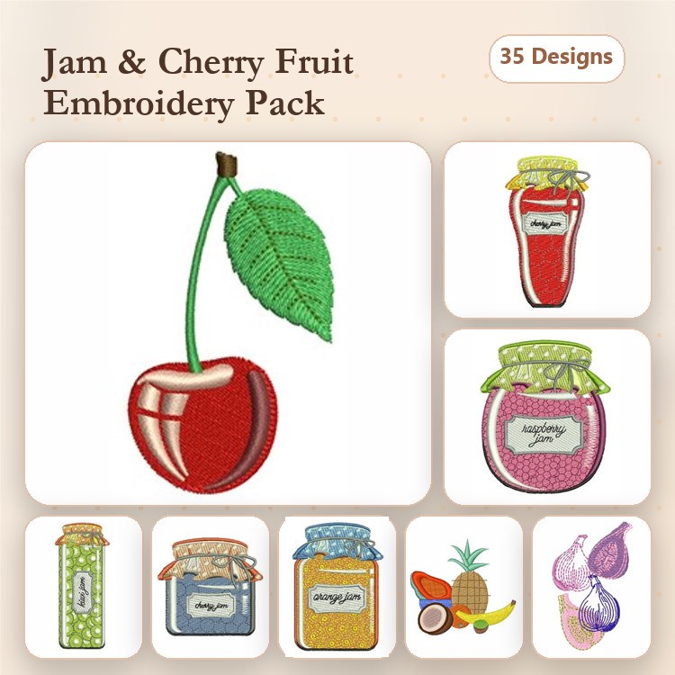 Jam & Cherry Embroidery Bundle – Red Cherry, Strawberry Jam Jar, Blueberry Jam Jar & More (35 Designs)