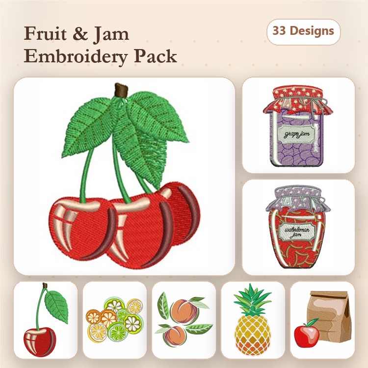 Fruit and Jam Embroidery Designs Bundle – Cherry Cluster, Jam Jar with Grapes, Peach Slice & More (33 Designs)