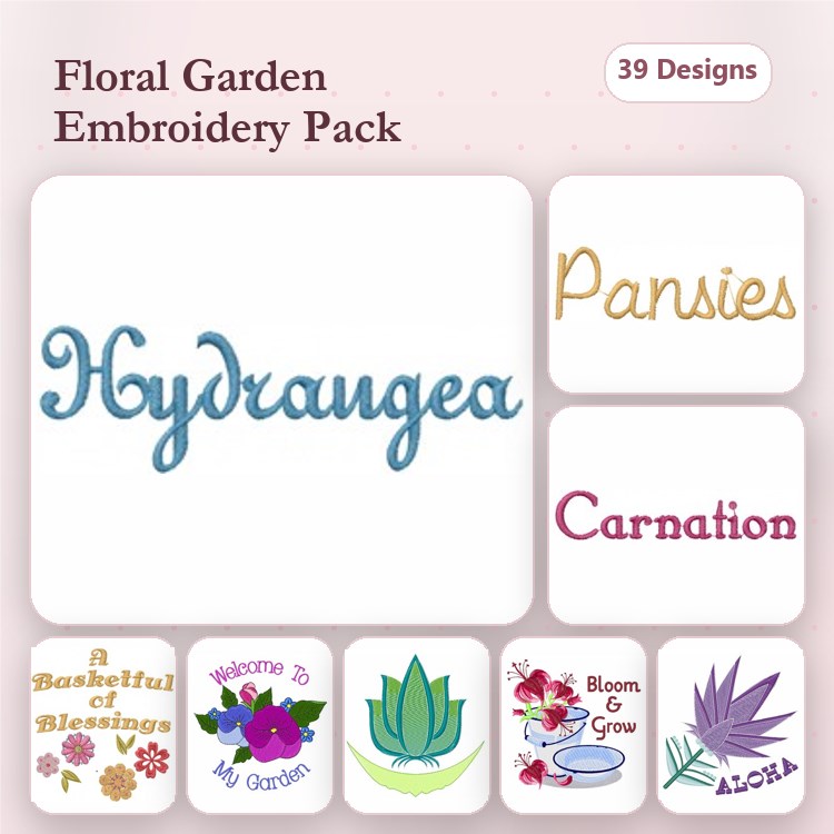 Floral Garden Embroidery Designs Bundle – Hydrangea, Pansies, Carnation & More (39 Designs)