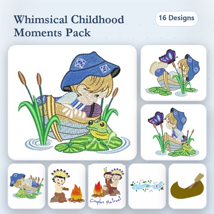Whimsical Childhood Moments Embroidery Designs Bundle – Child with Frog, Fishing Boy, Campfire Scene & More (16 Designs)